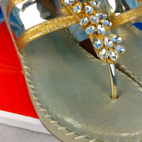 Sparkling Dazzling Champagne Gold Wedge Sandal Slides decorated 10 Low … - Picture 4 of 6